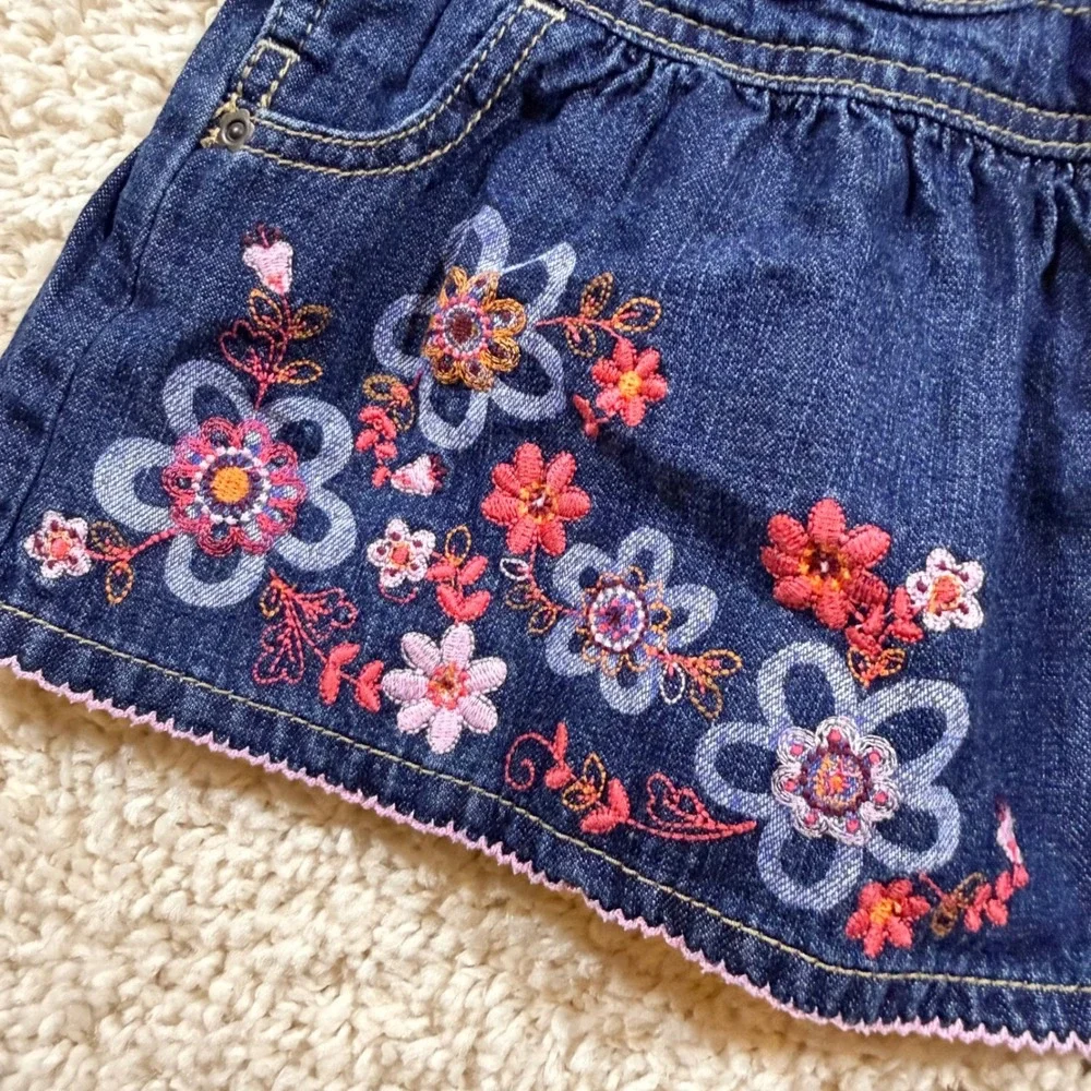 OshKosh Bgosh Vintage Blue Denim Floral Embroidered Overall Jumper Dress 3M